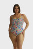 Womens pink and blue floral one piece with shirred and removable straps