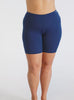 Curvy women wearing blue chlorine resistant swim shorts