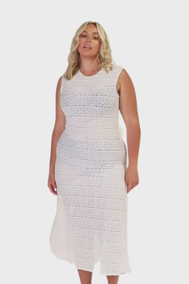 Model wearing white mesh maxi dress