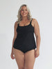 model wearing black tank tankini top with matching pant