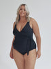 model wearing navy textured waist tie one piece