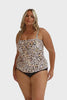 Model wearing leopard print flouncy tankini top and black high waisted pant