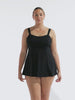 model wearing women's black swim dress with no attached pant