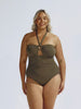 Blonde model wearing a khaki one piece with wrap halter detail and metal detail