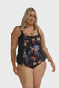 Model wearing black floral tankini top with black swim bottoms