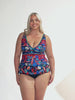 model wearing vibrant multi-coloured tankini top