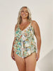 Model in studio wearing tiered tankini top in tropical print