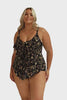 Model wearing 3 tier black floral tankini top and black swim bottoms