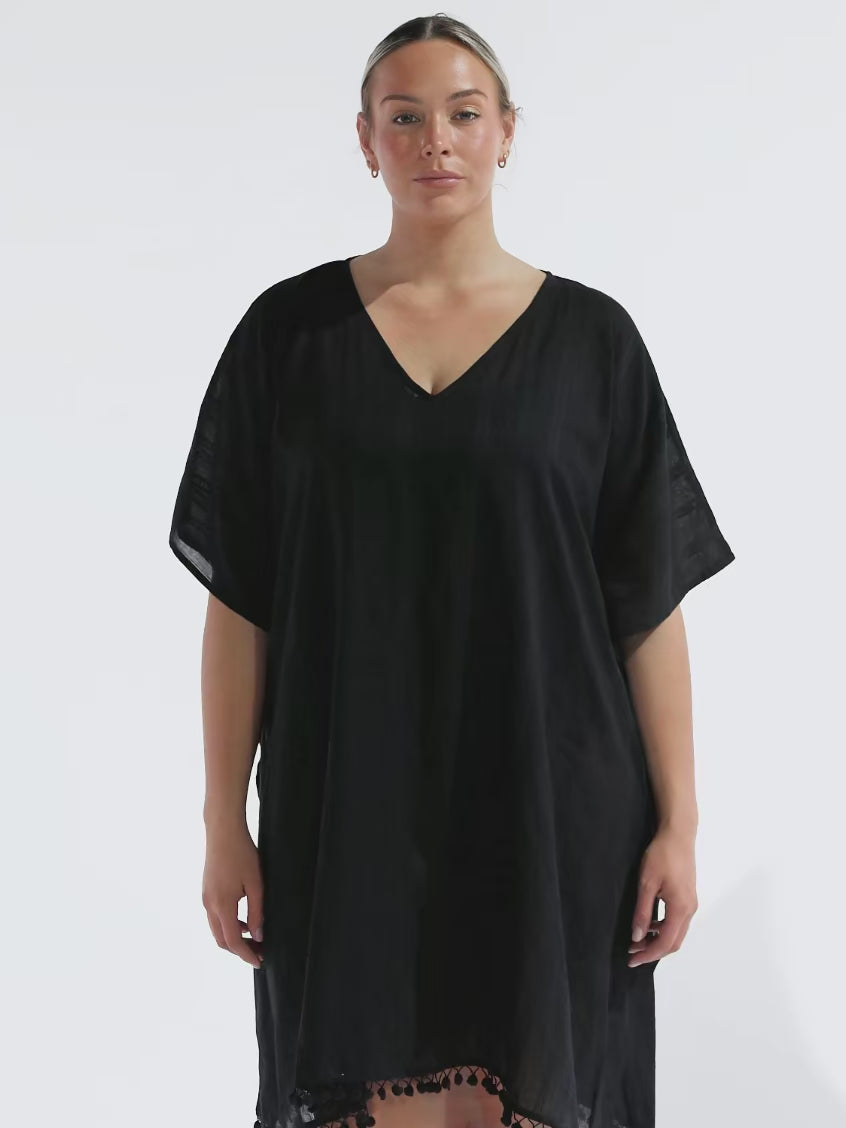 model wearing black cotton kaftan cover up