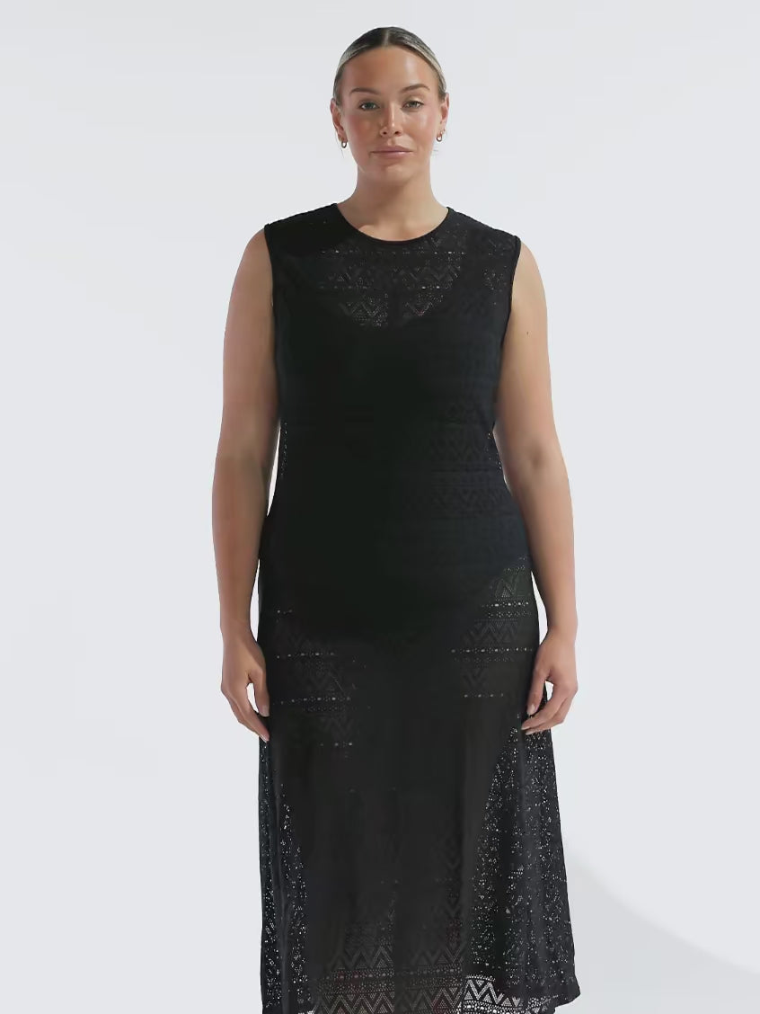 model wearing black maxi mesh dress