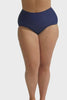 model wearing high waisted navy swim bottoms