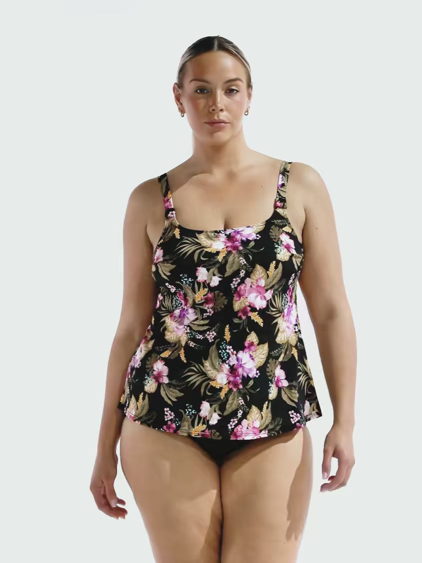 Blonde model in studio wearing a tank tankini top in chlorine resistant floral print