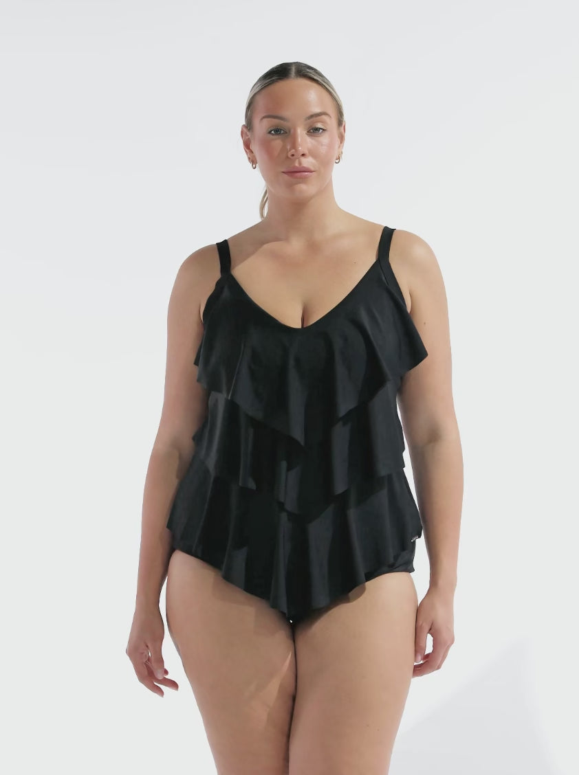 model wearing black three tier tankini top