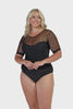 Model wearing black mesh polkadot one piece