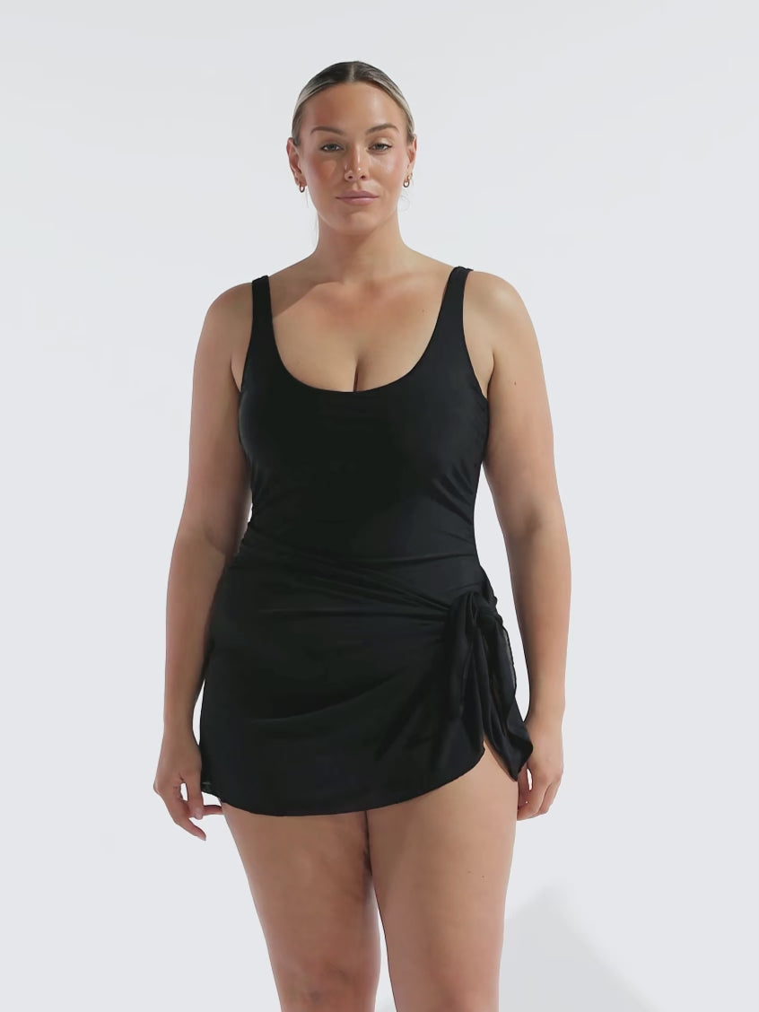 model wearing black mesh tie side short skirt