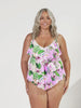 model wearing pink floral 3 tier tankini