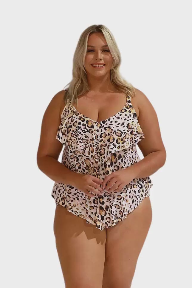 Model wearing leopard print three tier tankini top and matching pant