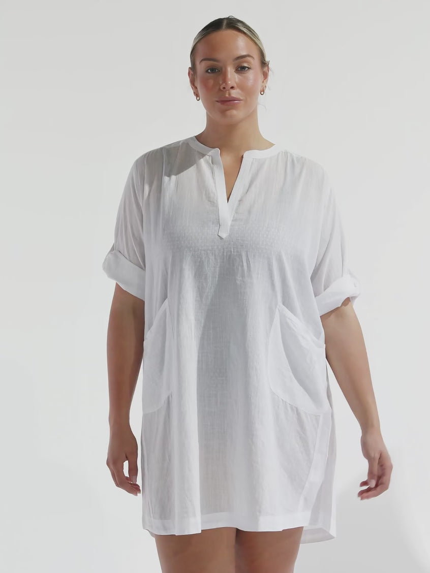 model wearing white cotton over shirt