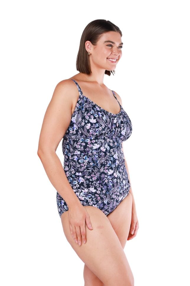 ruched underwire tankini top navy and floral