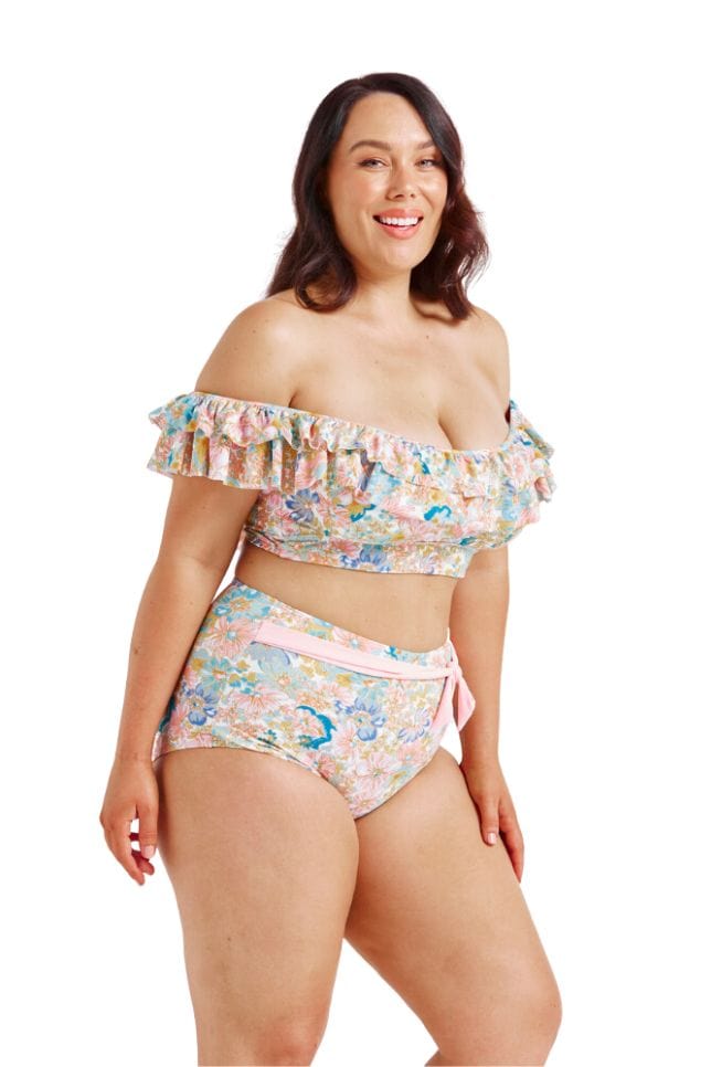 Retro floral bikini top with frill detail in pastel colours