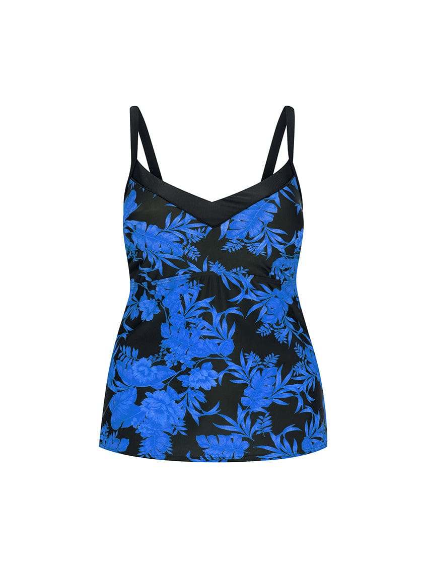 blue and black floral underwire tankini top