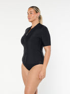 model wearing women's black short sleeve rash vest