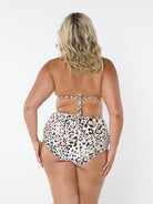 model showing back tie of leopard bikini