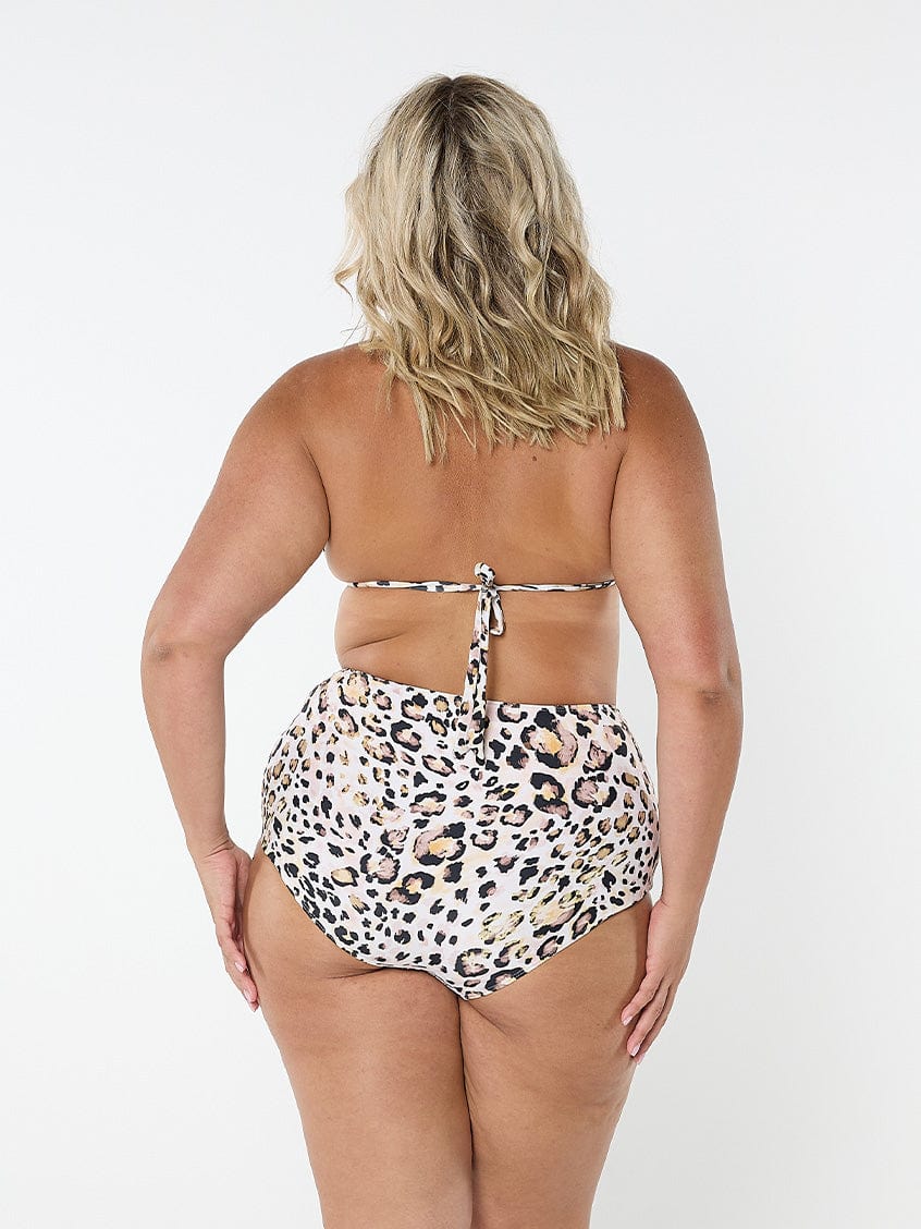 model showing back tie of leopard bikini