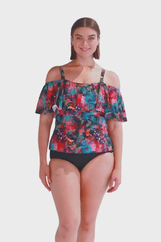 Product video of midnight garden off the shoulder tankini top worn by a brunette size 14 model