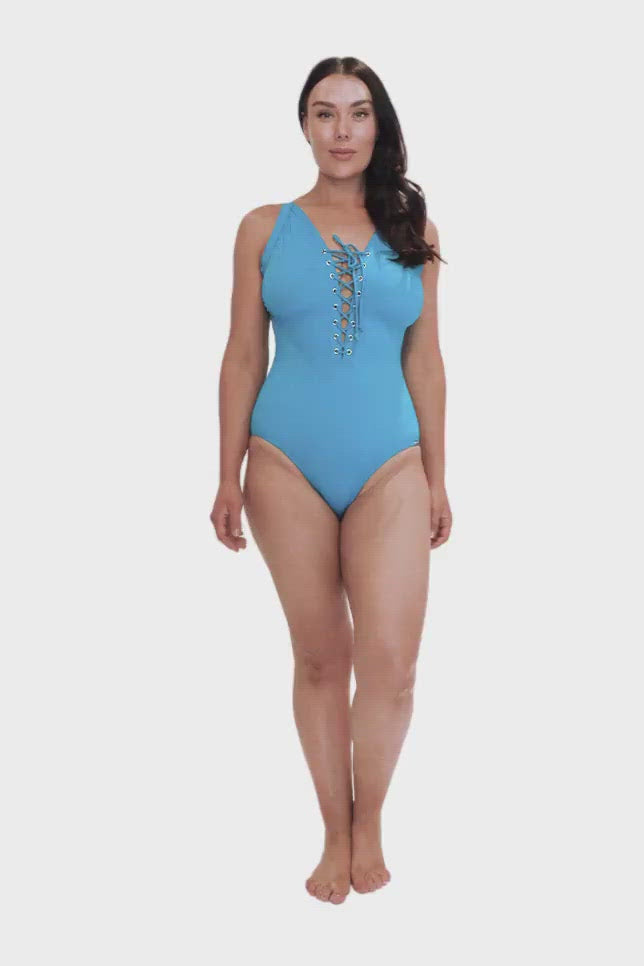 blue corset front one piece