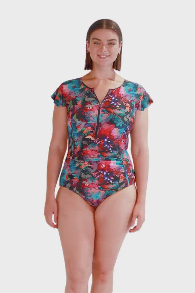 product video of brunette model wearing size 14 frill sleeve one piece swimsuit