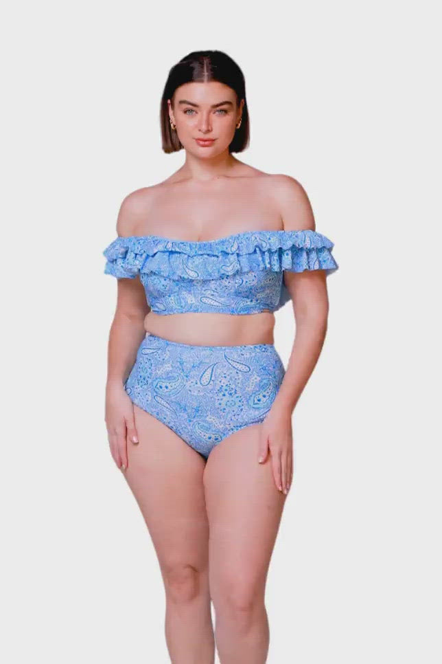 model wearing paisley blue off the shoulder bikini set