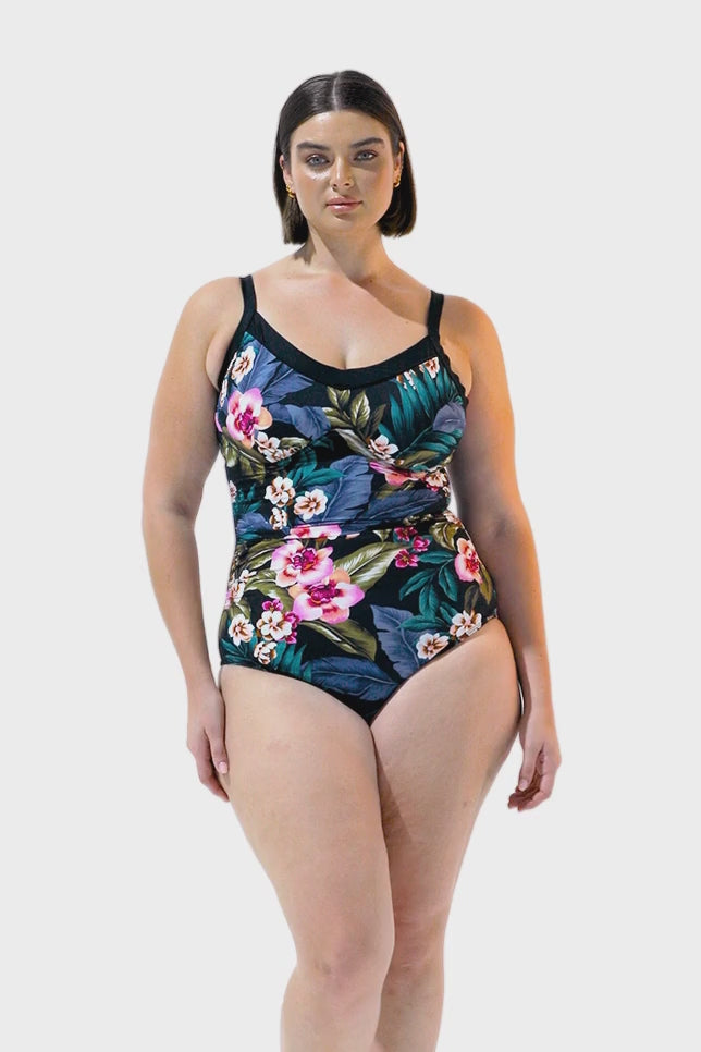 Video of model wearing tropical floral underwire one piece