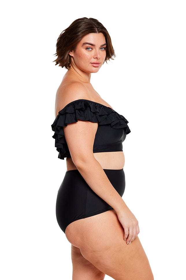 brunette model wearing off the shoulder ruffle bikini top in black