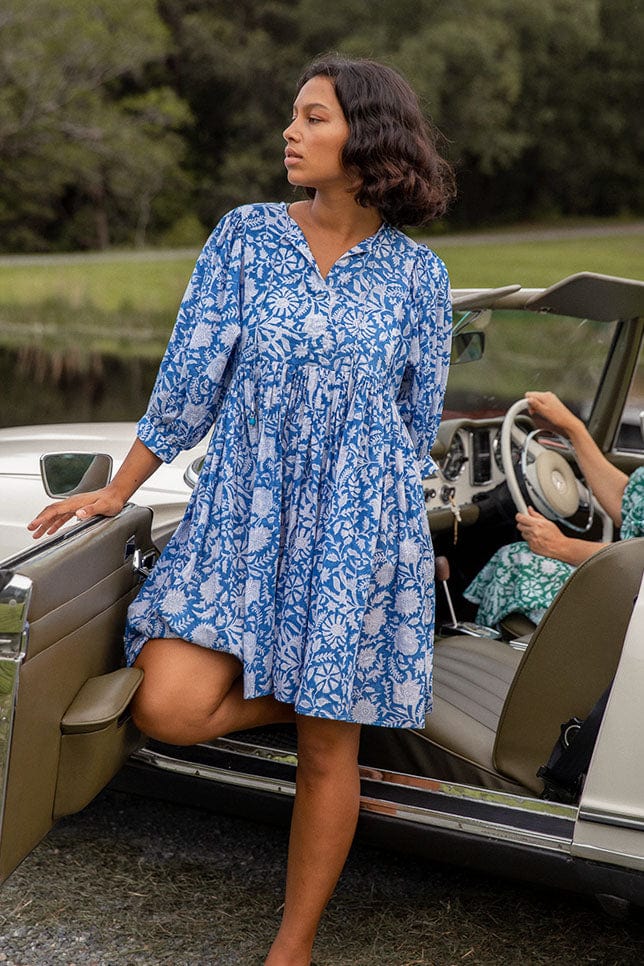 Model wearing Blue Boho Mini Dress with Sleeves