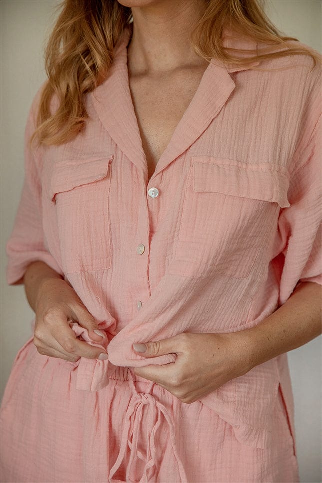 Close up of Model wearing Dusty Pink short Button Up Pyjamas