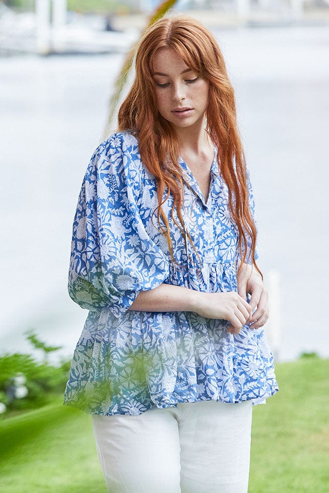 Model wearing Blue Bohemian Smock Top 