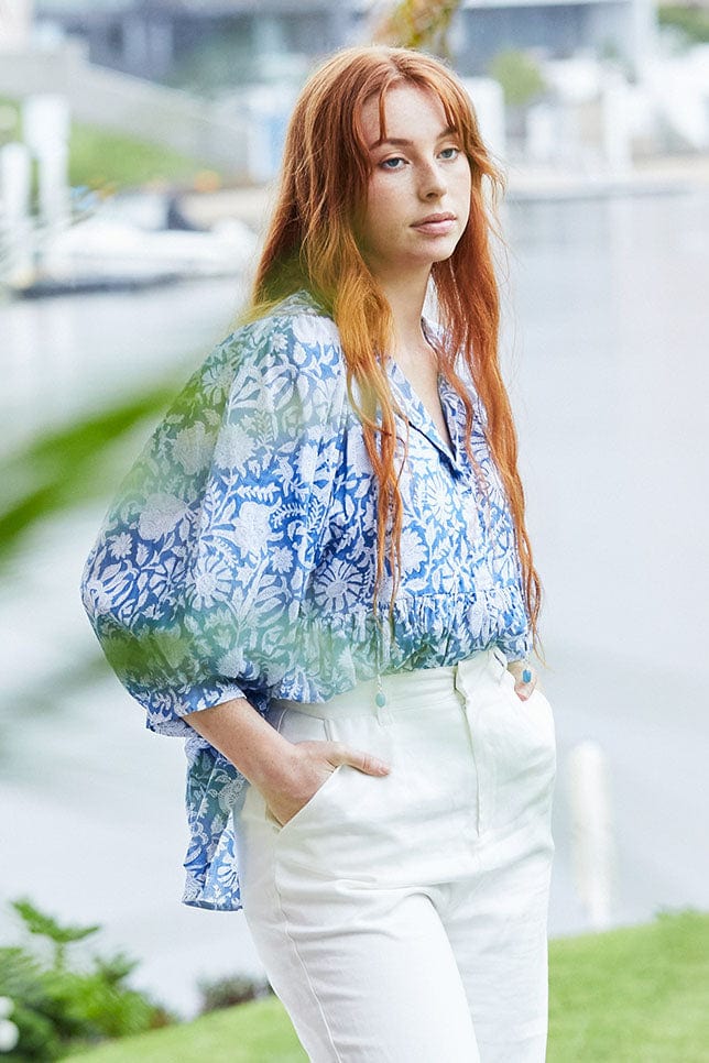 Model wearing Blue Bohemian Smock Top 