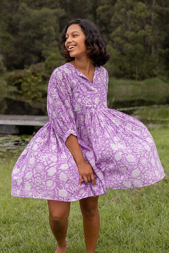 Movement shot of Model wearing Lilac Boho Mini Dress 