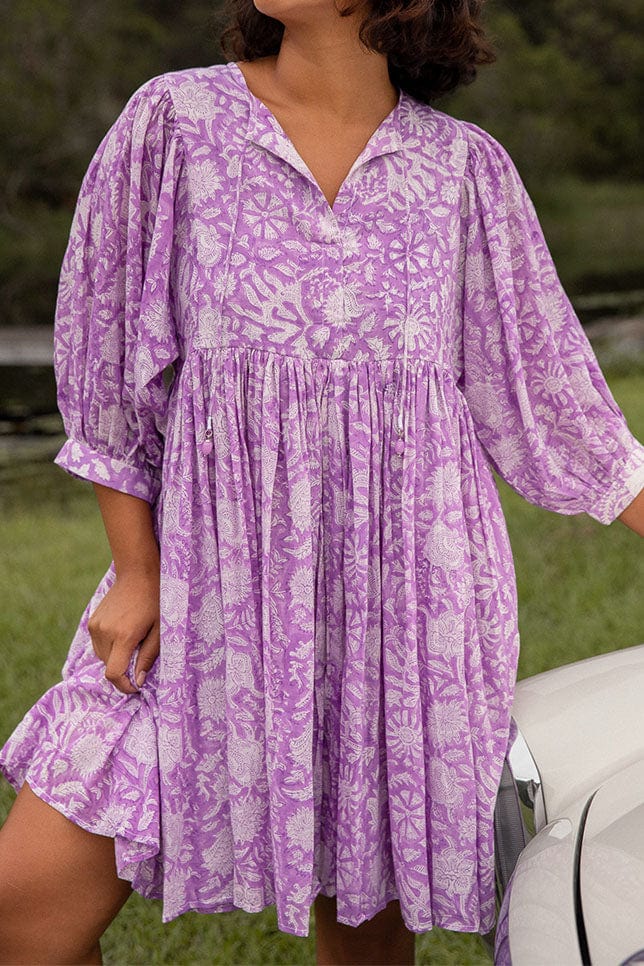 Close up of Model wearing Lilac Boho Mini Dress