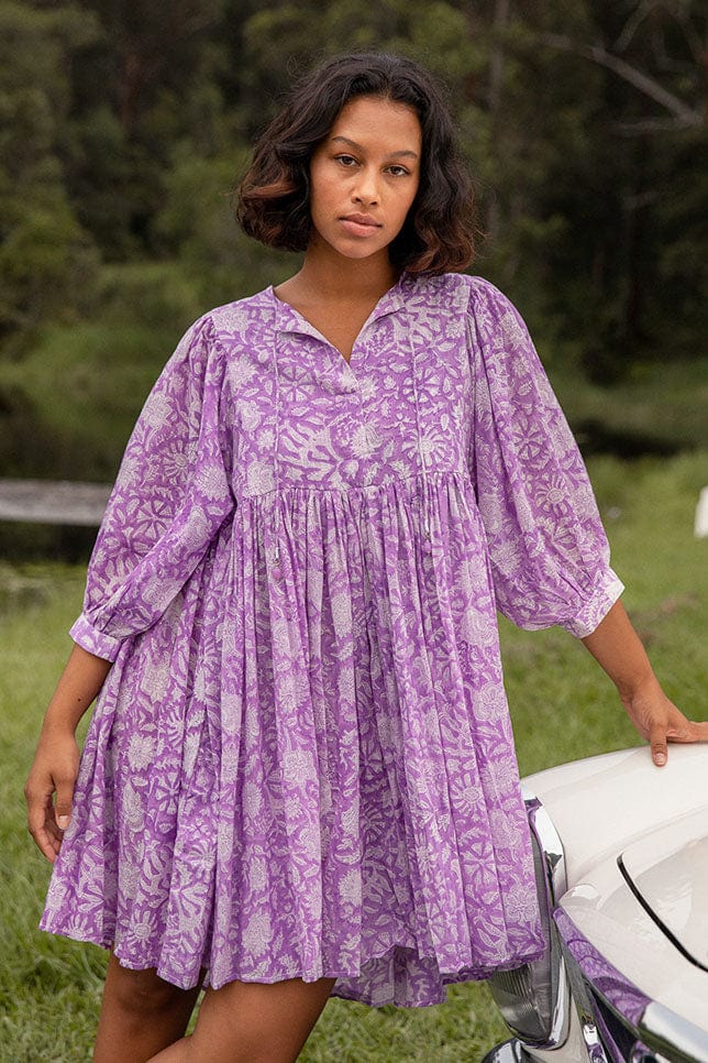 Model wearing Lilac Boho Mini Dress