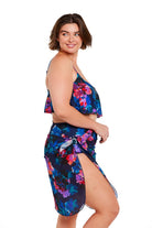 Brunette women wears navy blue floral mesh sarong