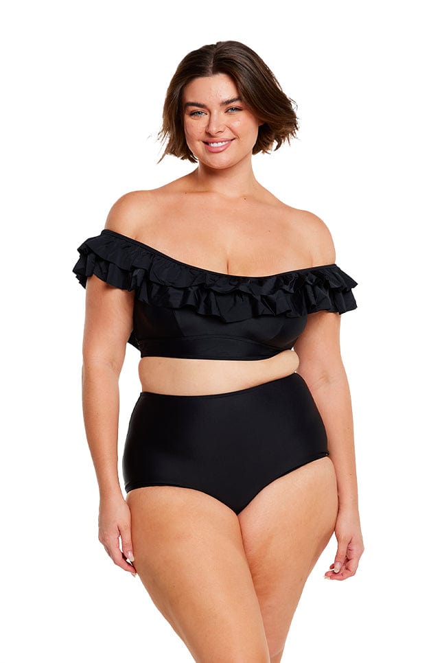 Brunette model wears size 16 black ruffled off the shoulder bikini top