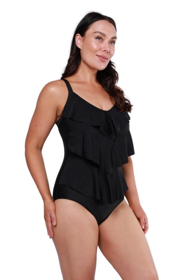 black ruffled one piece swimwear