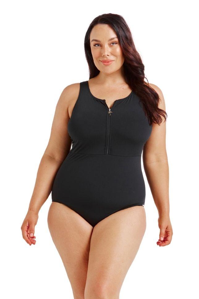 Chlorine Resistant Sleeveless Black Zip Front One Piece