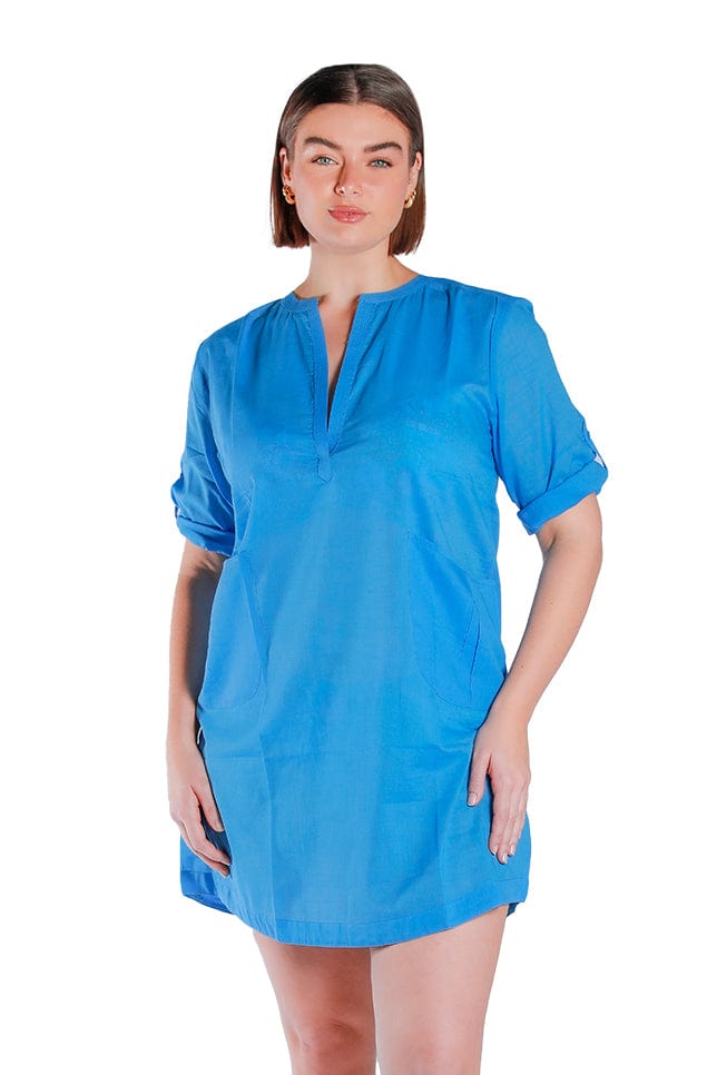 brunette model wearing provence blue over shirt