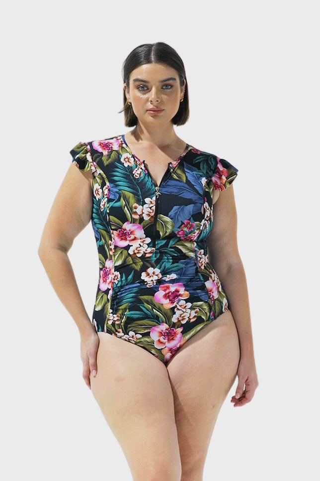 Video of model wearing floral frill sleeve swimsuit Australia