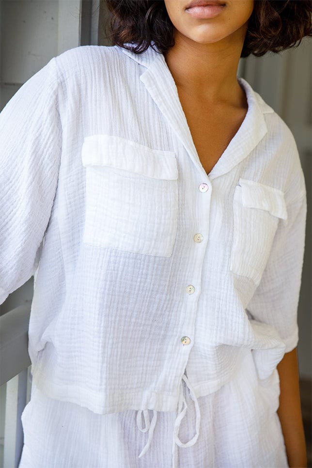 Model wearing White Cotton Button Up Pyjama Set