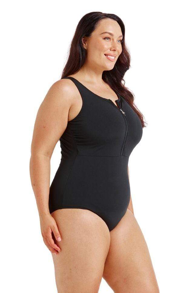 Chlorine Resistant Black Sleeveless Zip Front One Piece Swimsuit
