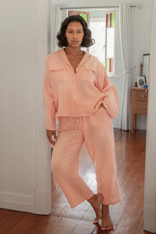 Model wearing Dusty Pink Long Cotton Pyjamas